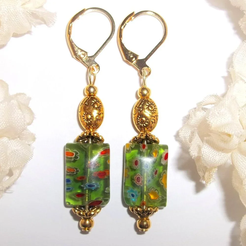 Green and Gold Flower Earrings Fashion Accessory Dangle Drop Foral Boho NWT 7353
